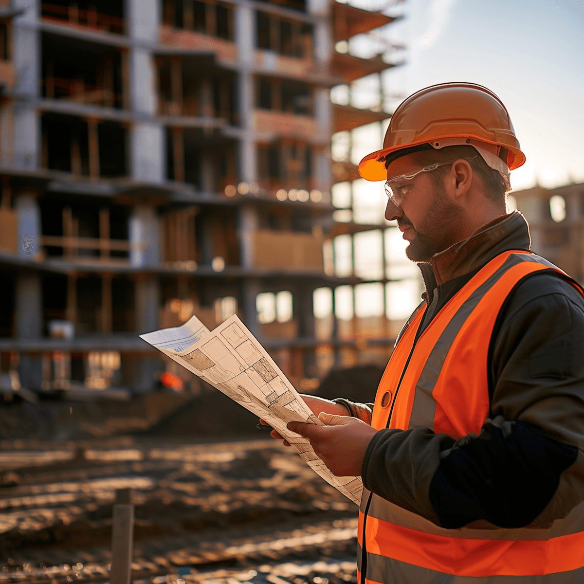 A site engineer in an orange hard hat and hi-vis vest reading a floor plan in front of a building under construction