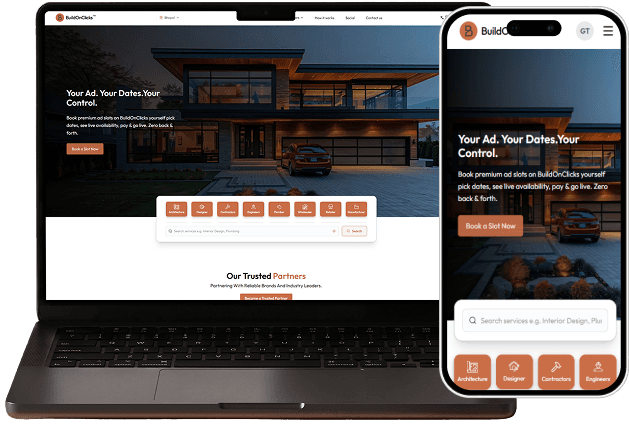 The BuildOnClicks site on a laptop and a phone, showing the 'Your ad. Your dates. Your control.' hero over a modern house at dusk, with a service search bar beneath it