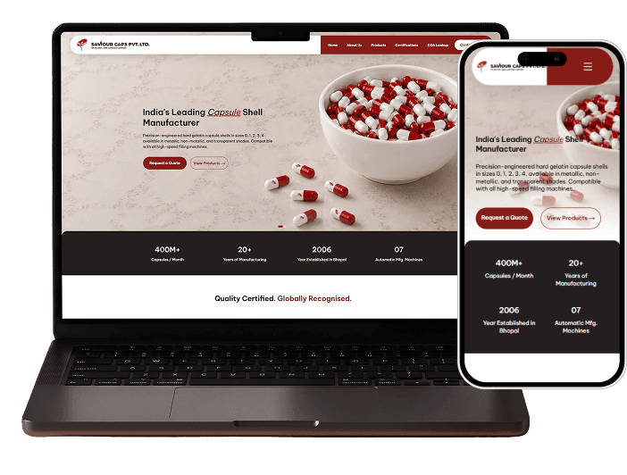 The Saviour Caps website on a laptop and a phone, showing the capsule bowl hero and the key manufacturing figures beneath it