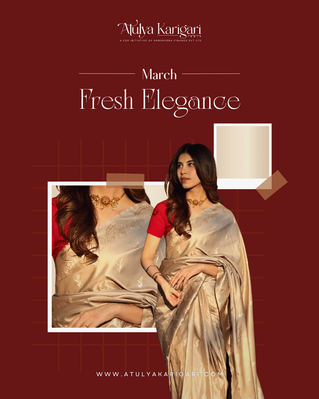 'March — Fresh Elegance' post on deep maroon: a woman in a gold-beige silk saree and choker, beside a taped-on close-up of the same saree