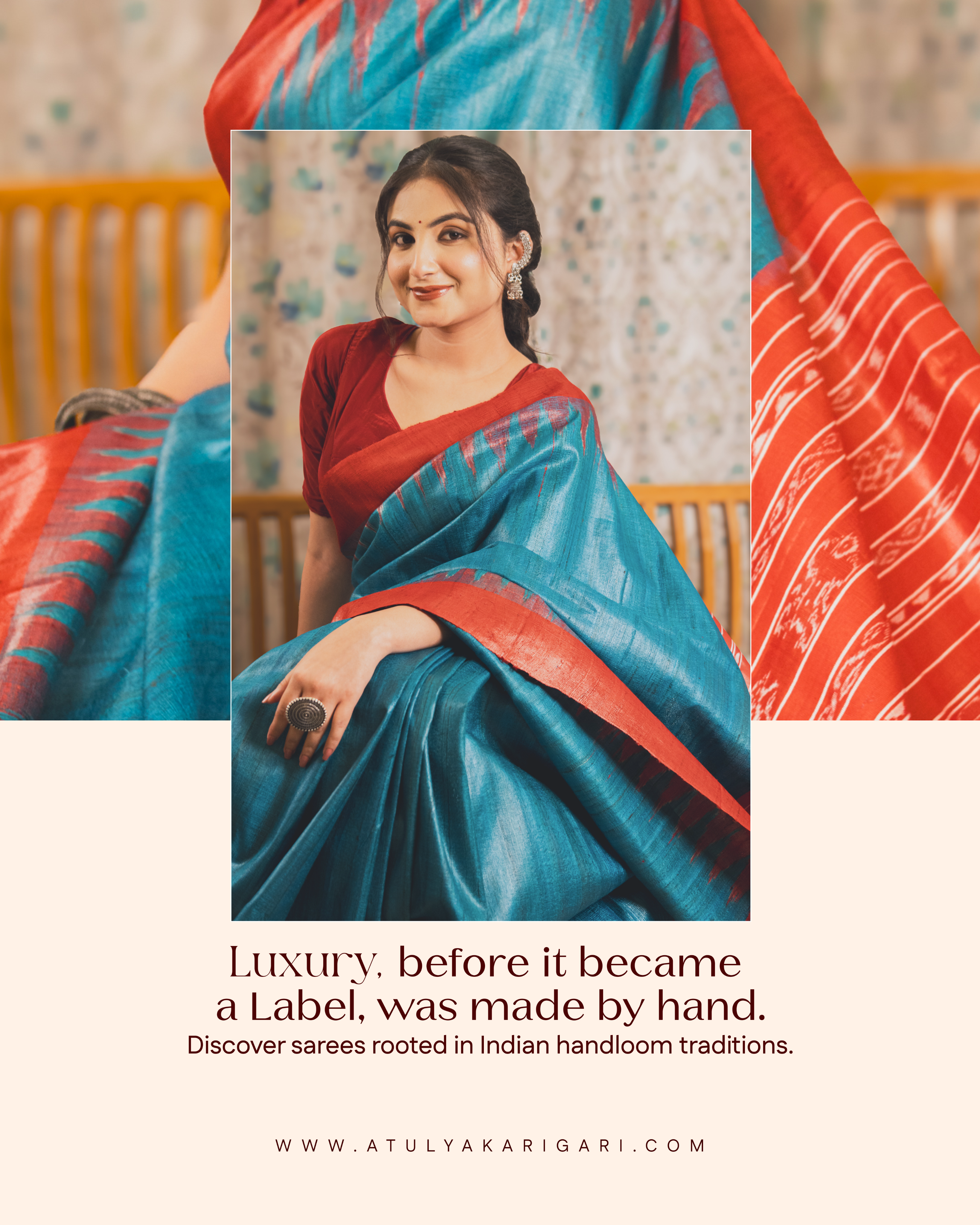 'Luxury, before it became a label, was made by hand' post: a woman seated in a teal and red handloom silk saree, framed over a close-up of its weave