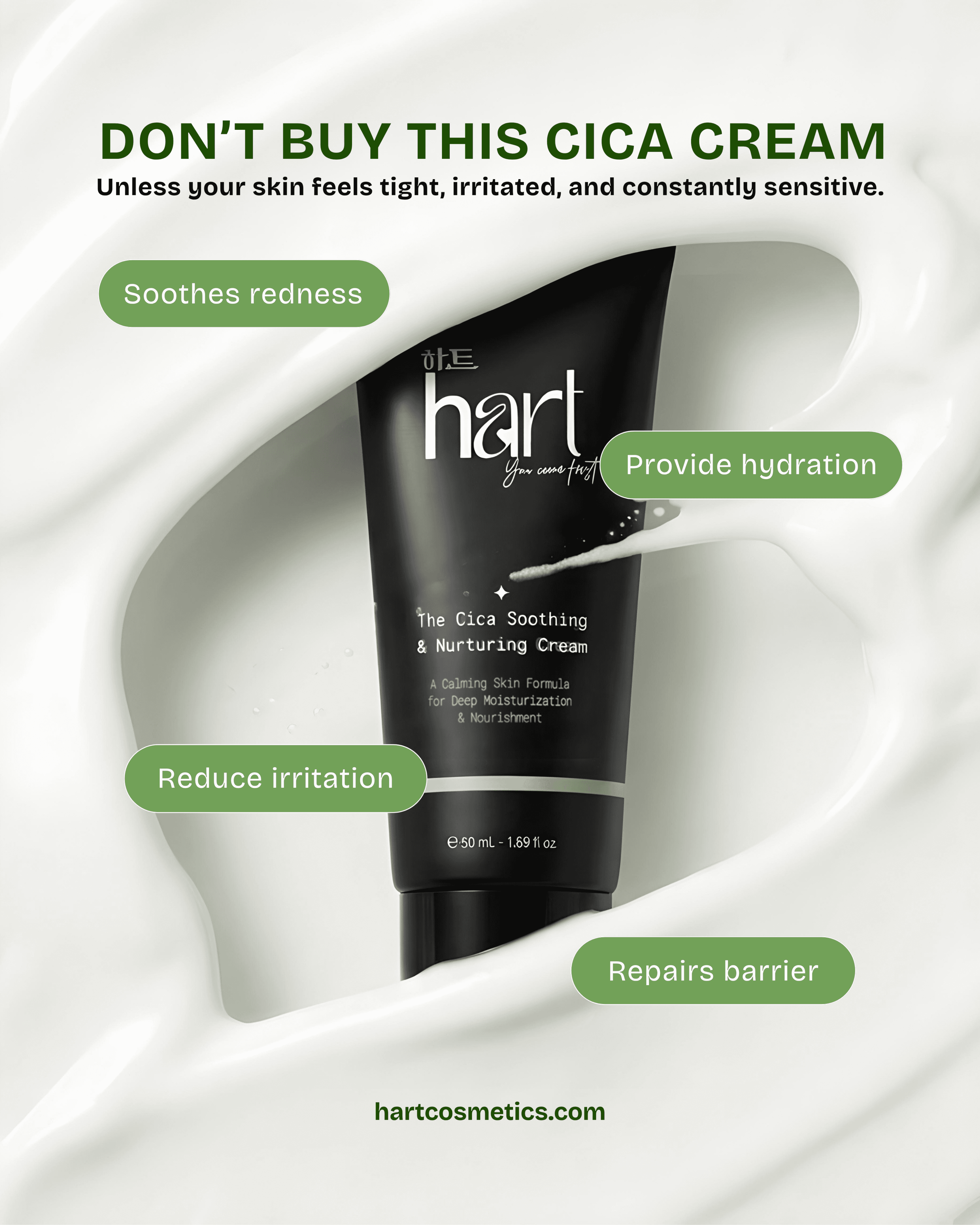 'Don't buy this cica cream — unless your skin feels tight, irritated, and constantly sensitive' post: the black Cica Soothing Cream tube in swirls of white cream, ringed with benefit tags