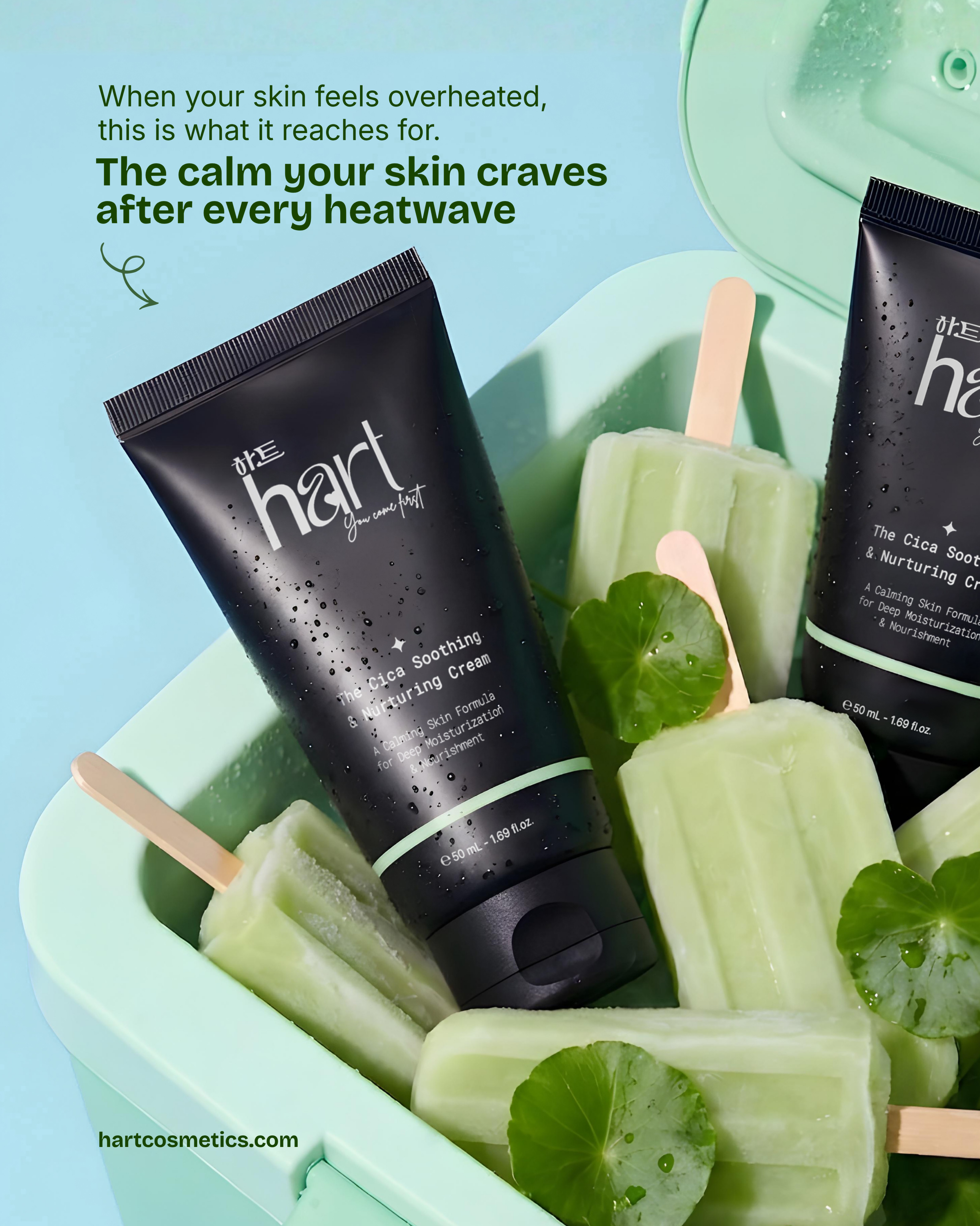'The calm your skin craves after every heatwave' post: Cica Soothing Cream tubes in a mint cooler among green ice lollies and centella leaves