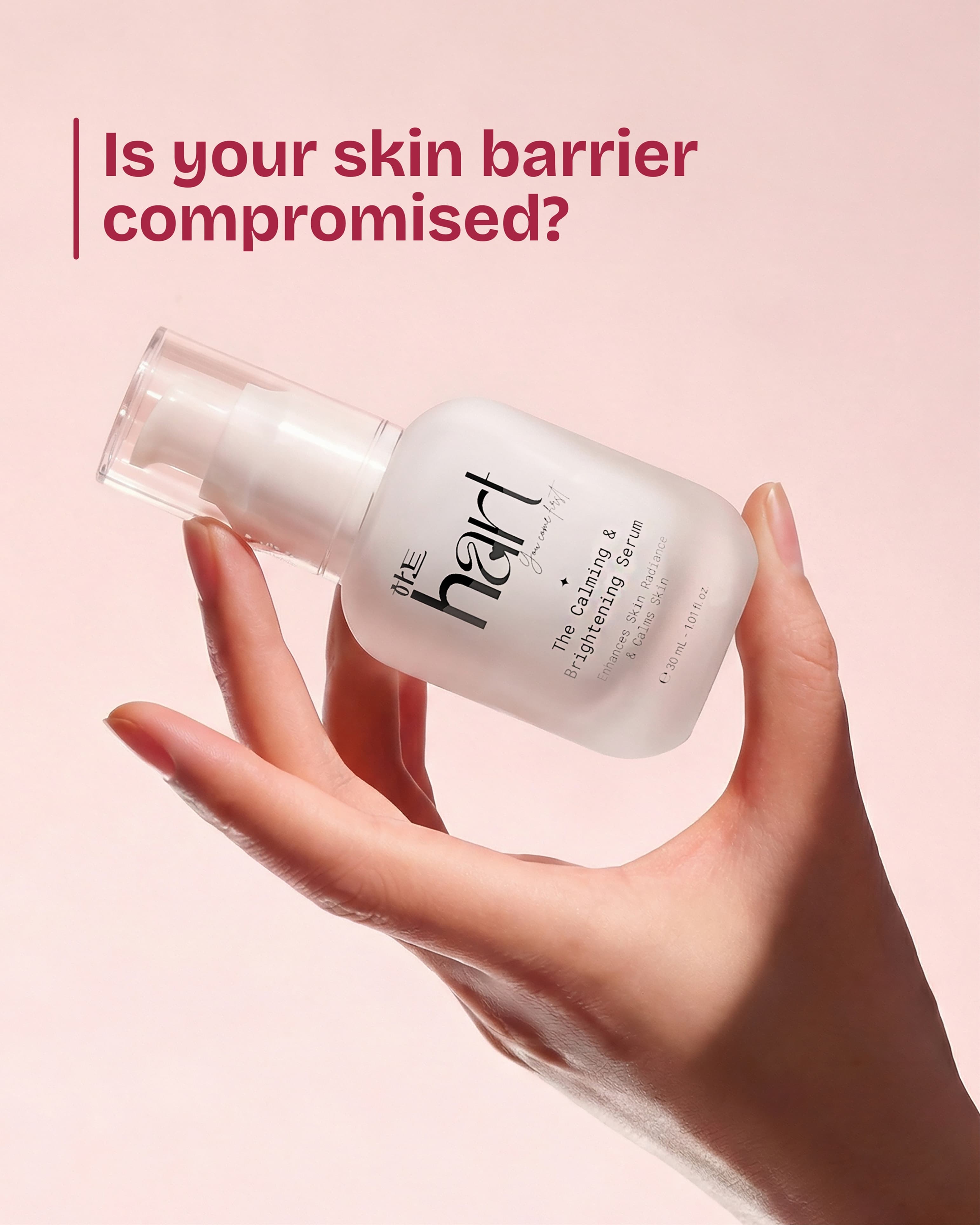 'Is your skin barrier compromised?' post: a hand holding the Calming & Brightening Serum bottle against a pale pink backdrop