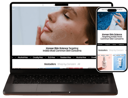 The HART storefront on a laptop and a phone: a close-up of a woman touching her cheek over the line 'Korean Skin Science targeting India's most common skin concerns', an alcohol-free, cruelty-free, SLS-free ticker, and a bestsellers row