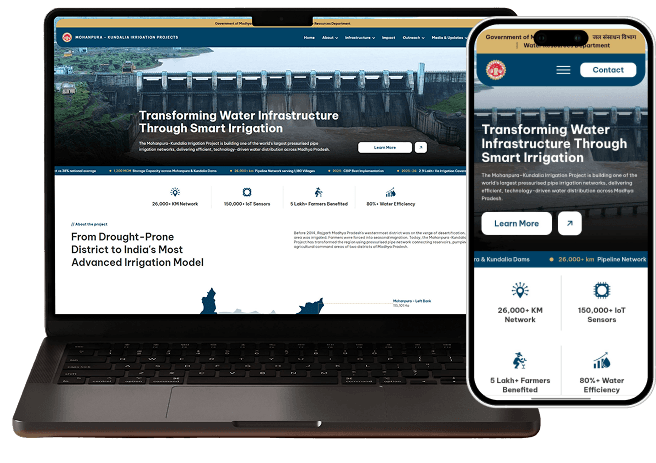 The Mohanpura-Kundalia Irrigation Projects site on a laptop and a phone, showing the 'Transforming Water Infrastructure Through Smart Irrigation' hero over the dam, with network, sensor, farmer and water-efficiency figures beneath it