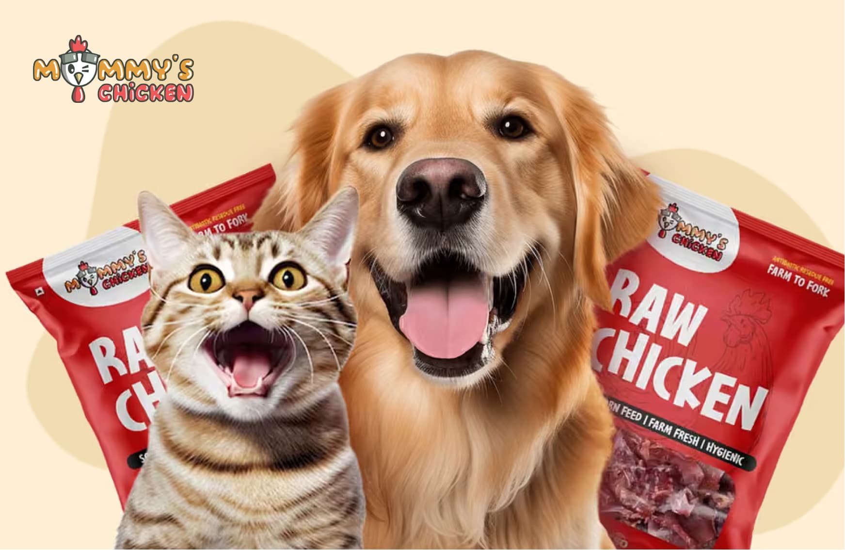 A dog and a cat in front of Mommy's Chicken raw chicken pet food packs