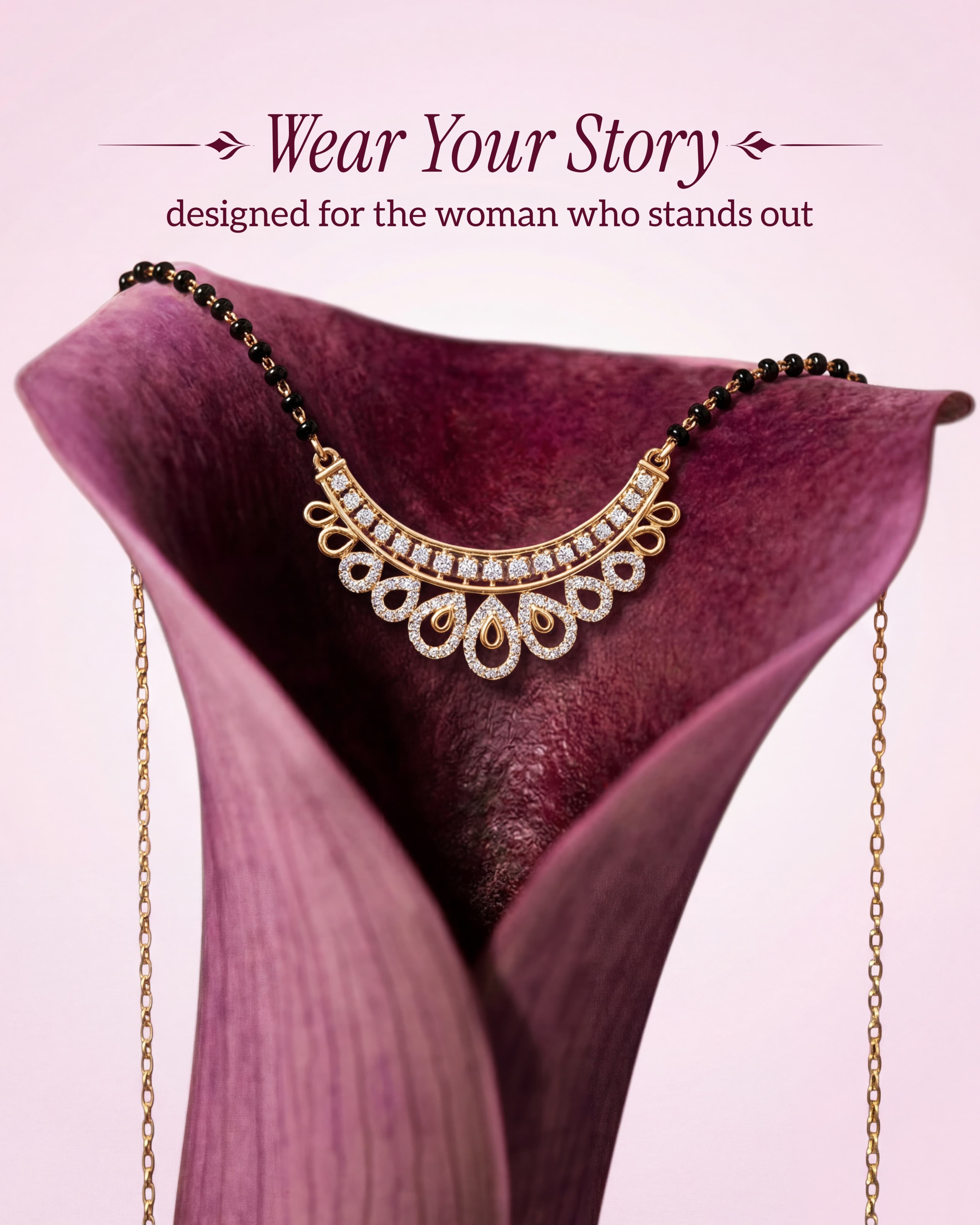 “Wear your story” campaign post: a diamond and gold mangalsutra laid across a deep pink calla lily