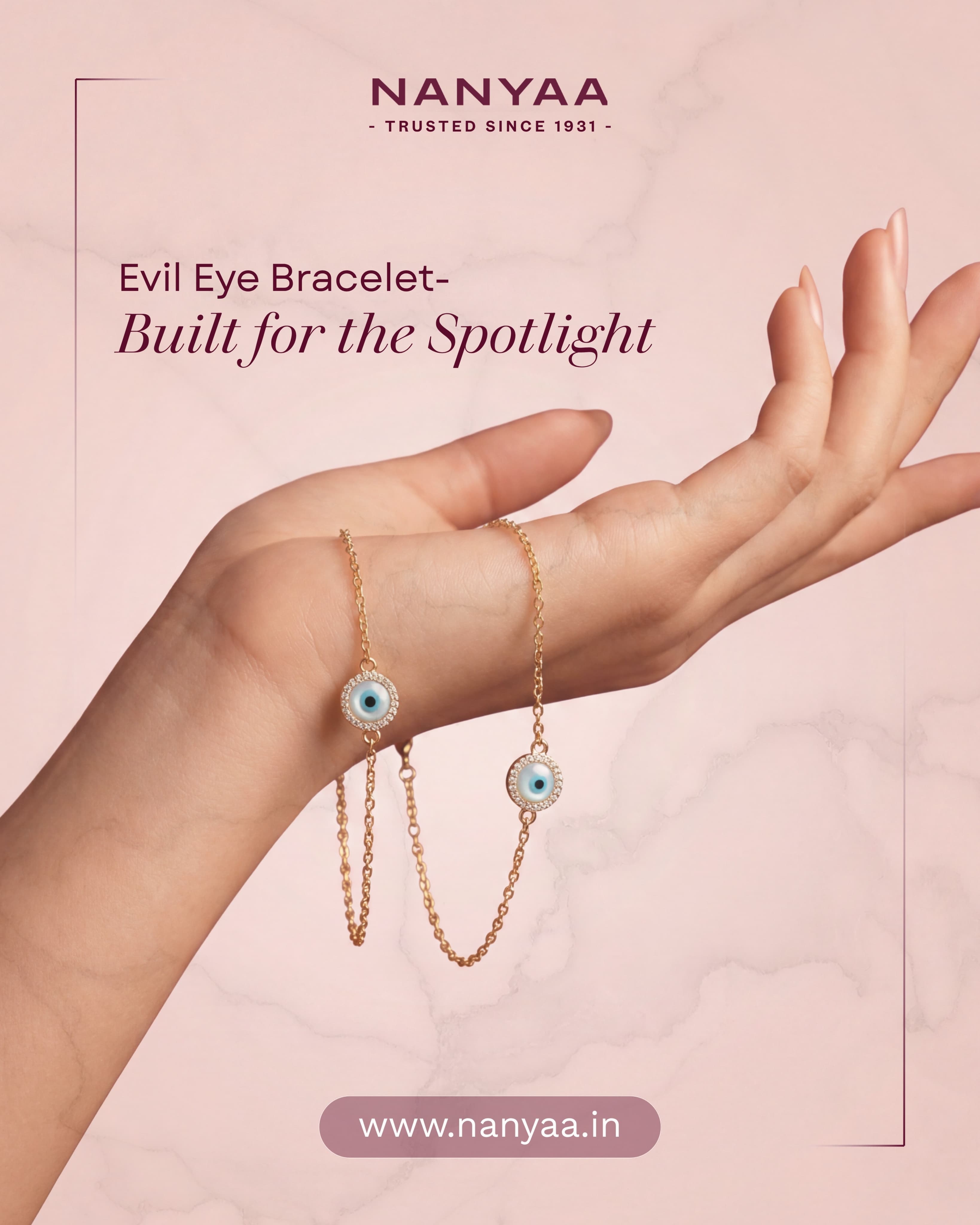 “Evil eye bracelet — built for the spotlight” post: two gold evil-eye chain bracelets worn on an upturned hand