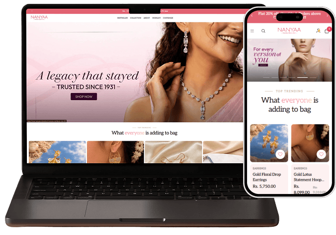 The Nanyaa storefront on a laptop and a phone, showing the 'A legacy that stayed' hero and a trending earrings row beneath it