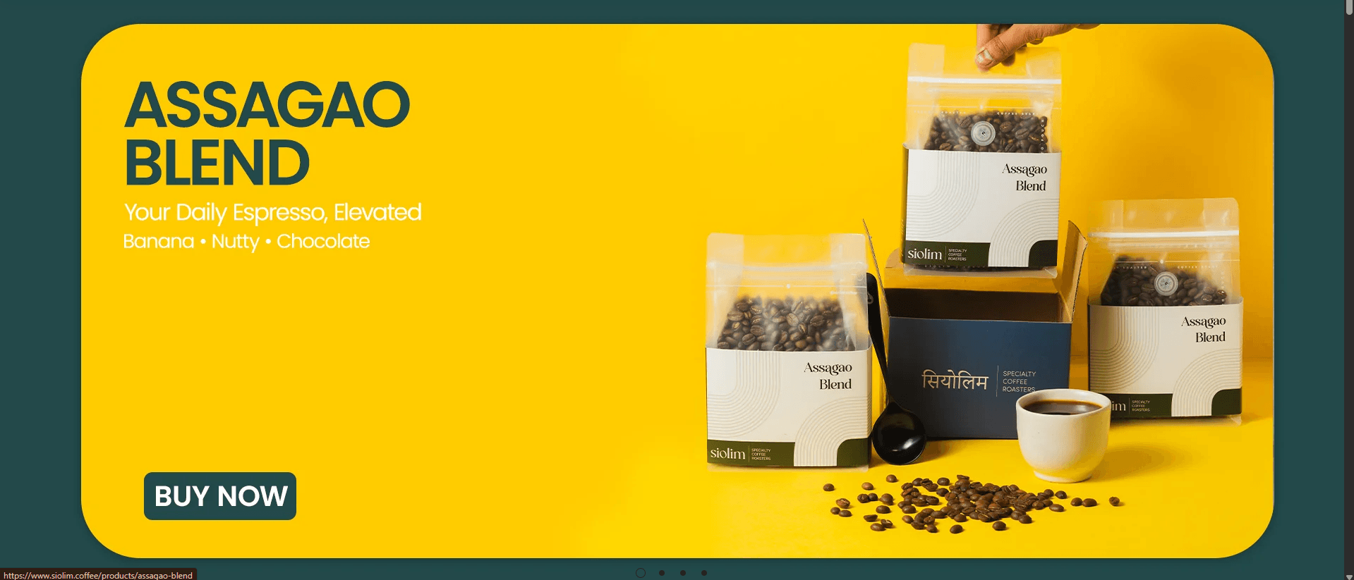 Assagao Blend banner on yellow: 'Your daily espresso, elevated — banana, nutty, chocolate', with three coffee bags, a box and a cup of coffee
