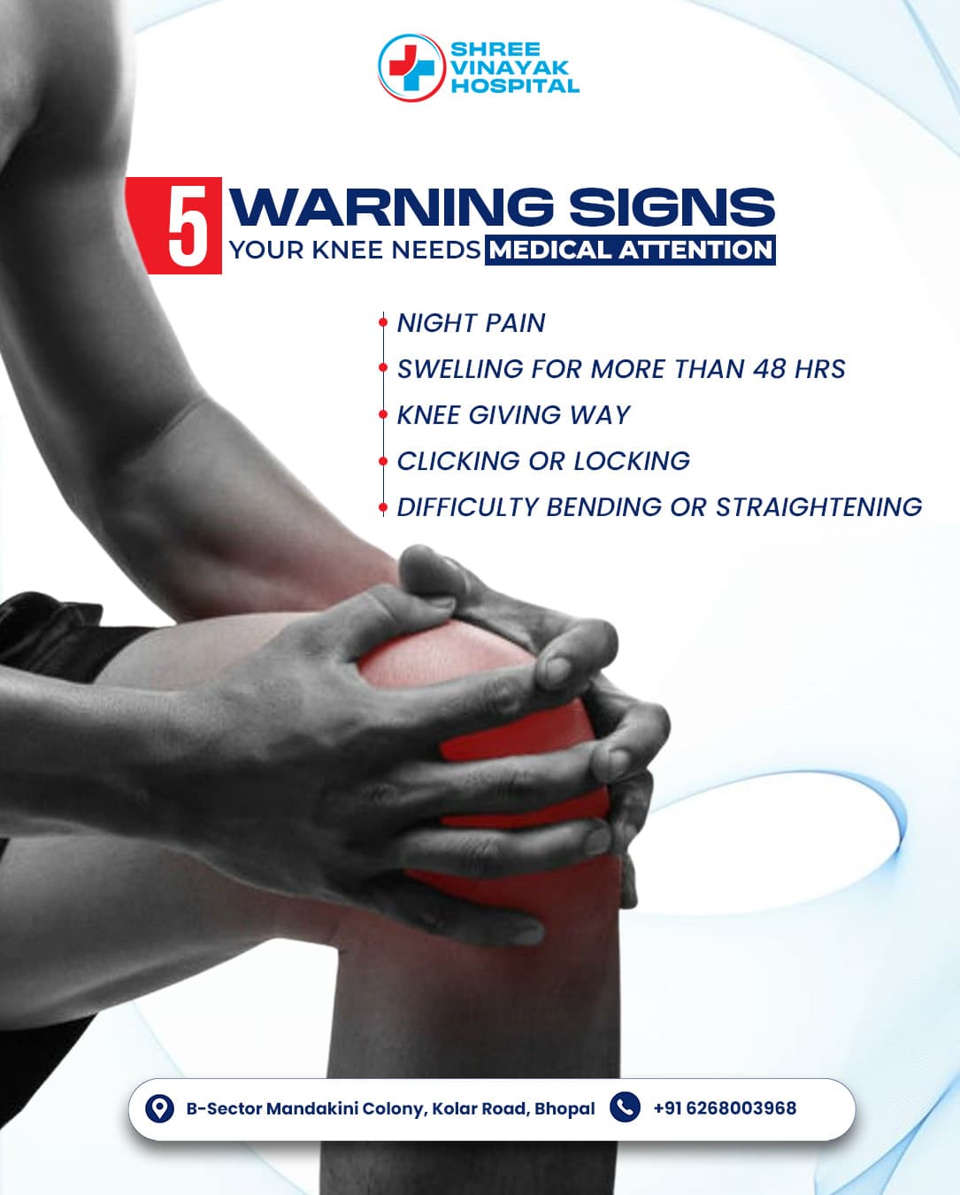 '5 warning signs your knee needs medical attention' post: hands clasped around a knee glowing red, beside a list — night pain, swelling for more than 48 hours, knee giving way, clicking or locking, difficulty bending or straightening