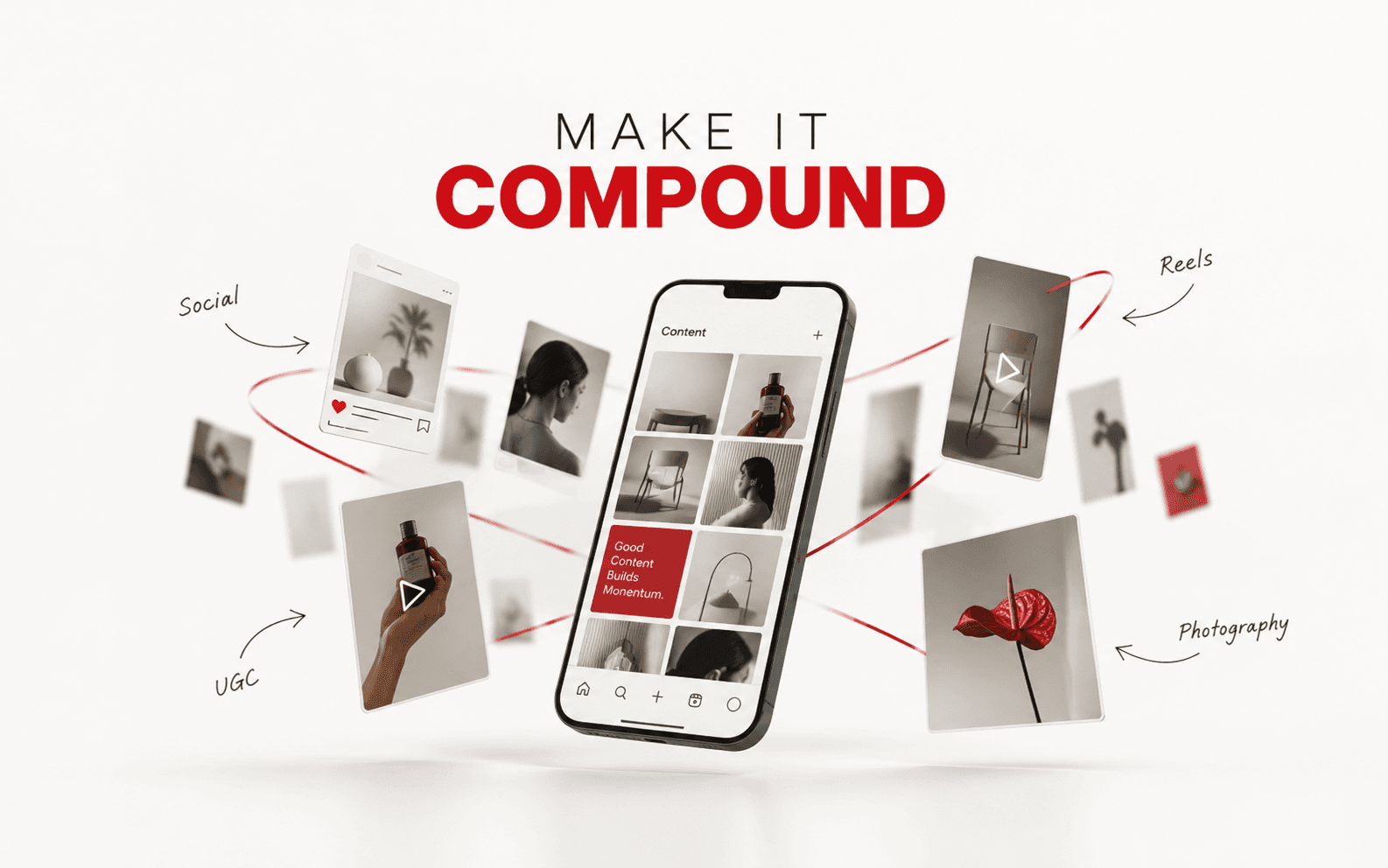 Make it compound — a phone surrounded by floating social posts, reels, UGC and photography.