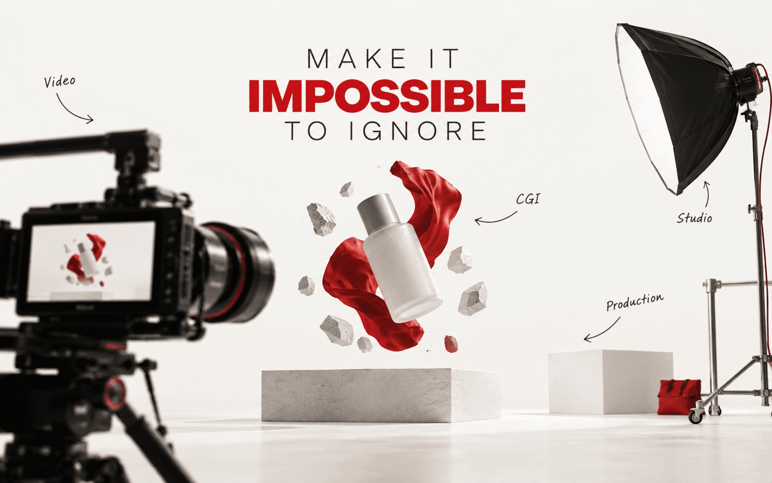 Make it impossible to ignore — a cinema camera and studio light framing a product bottle wrapped in flying red fabric.